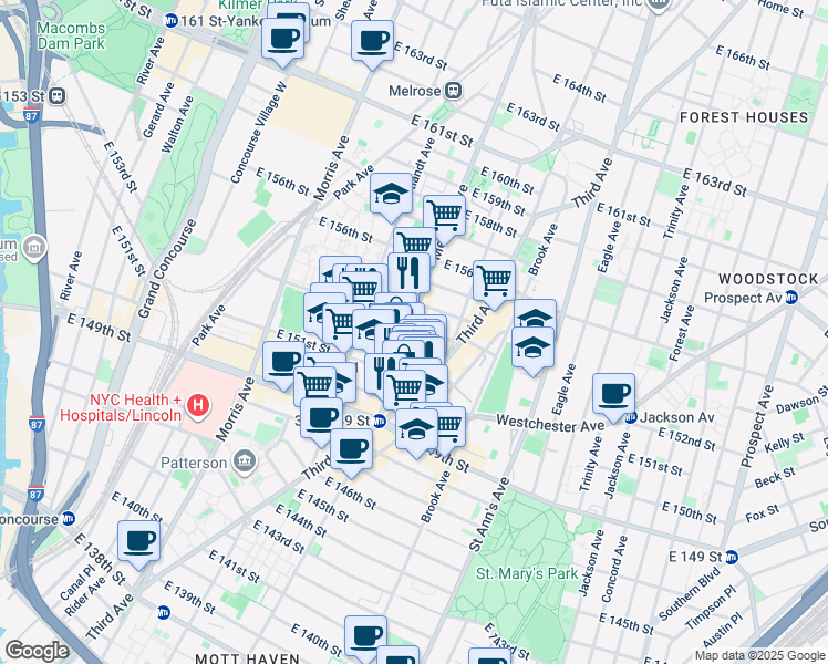 map of restaurants, bars, coffee shops, grocery stores, and more near 627 Melrose Avenue in Bronx
