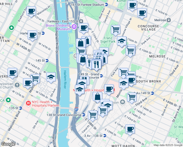 map of restaurants, bars, coffee shops, grocery stores, and more near 479 Walton Avenue in Bronx