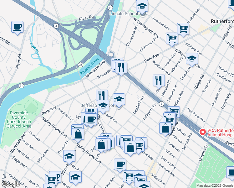 map of restaurants, bars, coffee shops, grocery stores, and more near 63 Livingston Avenue in Lyndhurst