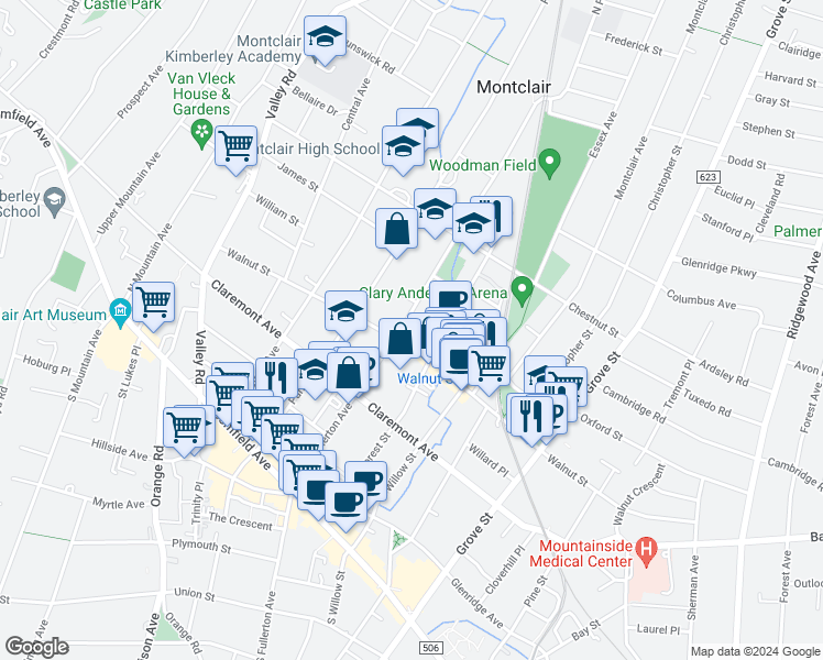 map of restaurants, bars, coffee shops, grocery stores, and more near 128 Walnut Street in Montclair