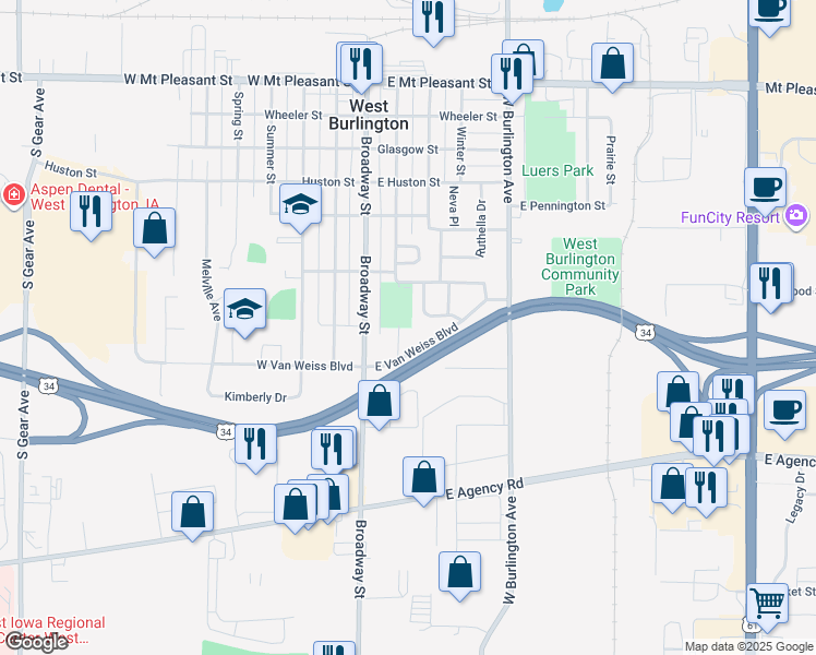 map of restaurants, bars, coffee shops, grocery stores, and more near 200-398 East Van Weiss Boulevard in West Burlington