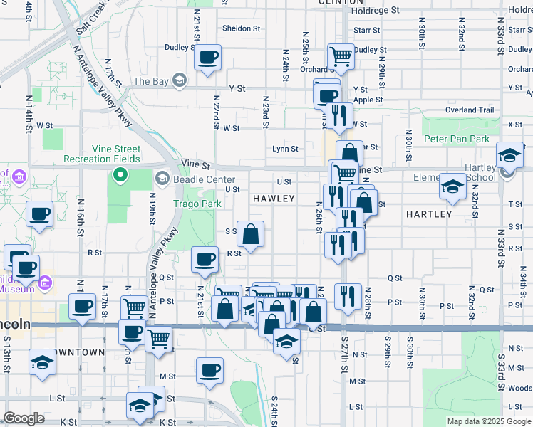map of restaurants, bars, coffee shops, grocery stores, and more near 540 North 24th Street in Lincoln