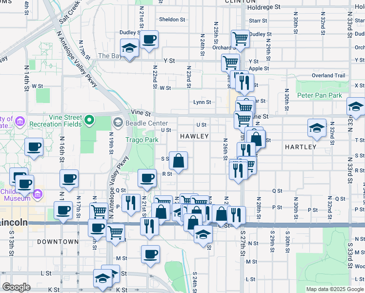 map of restaurants, bars, coffee shops, grocery stores, and more near 540 North 24th Street in Lincoln
