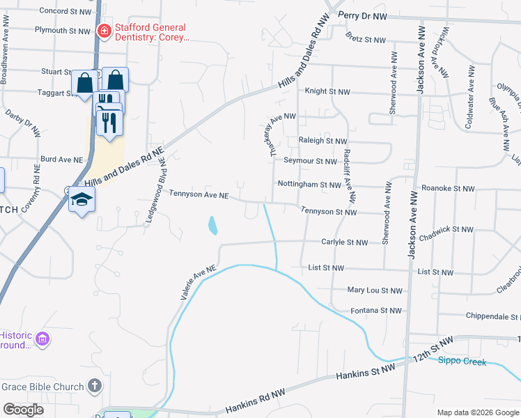 map of restaurants, bars, coffee shops, grocery stores, and more near 2150 Carlyle Street Northwest in Massillon