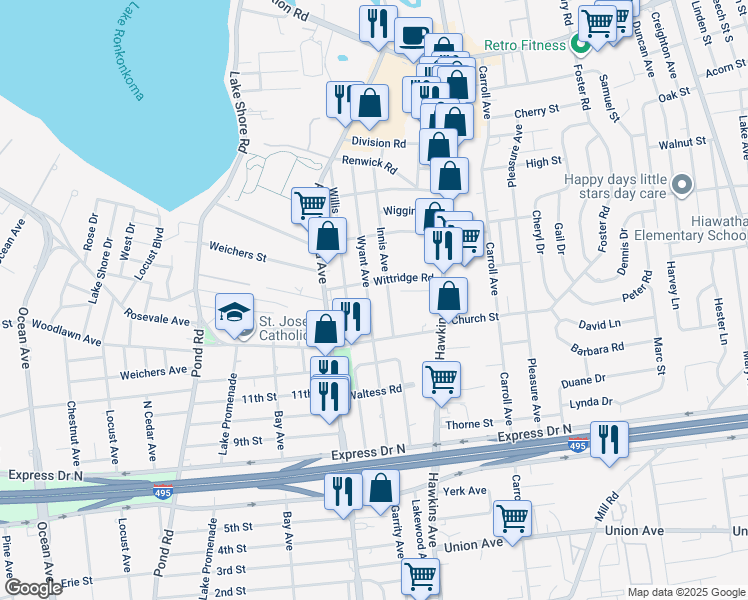 map of restaurants, bars, coffee shops, grocery stores, and more near 3 Innis Avenue in Lake Ronkonkoma
