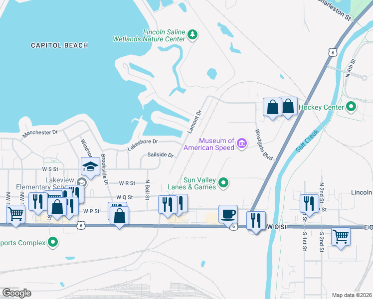 map of restaurants, bars, coffee shops, grocery stores, and more near 556 Lamont Drive in Lincoln