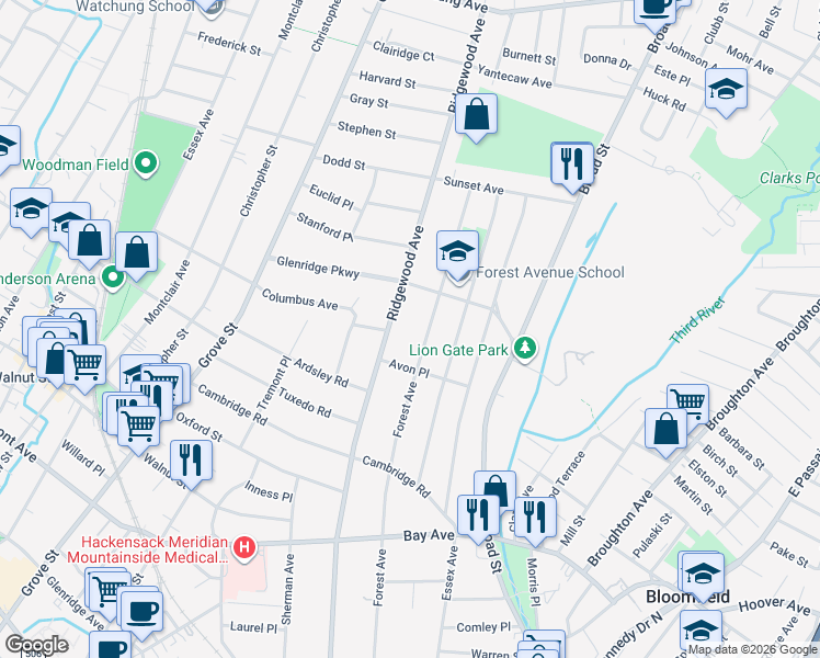 map of restaurants, bars, coffee shops, grocery stores, and more near 256 Forest Avenue in Glen Ridge