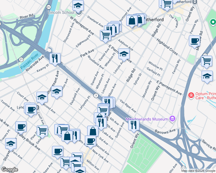 map of restaurants, bars, coffee shops, grocery stores, and more near 90 Wilson Avenue in Rutherford