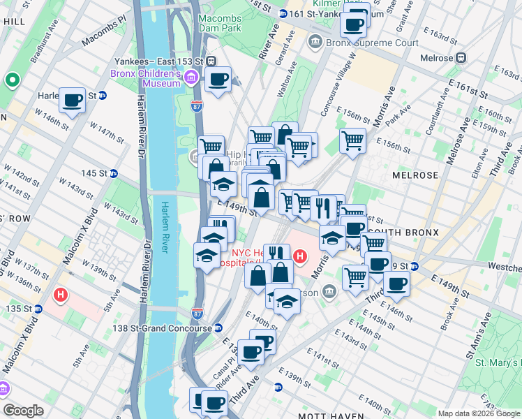 map of restaurants, bars, coffee shops, grocery stores, and more near in The Bronx