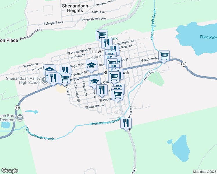 map of restaurants, bars, coffee shops, grocery stores, and more near 216 South Ferguson Street in Shenandoah