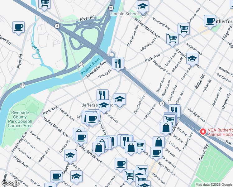map of restaurants, bars, coffee shops, grocery stores, and more near 63 Livingston Avenue in Lyndhurst