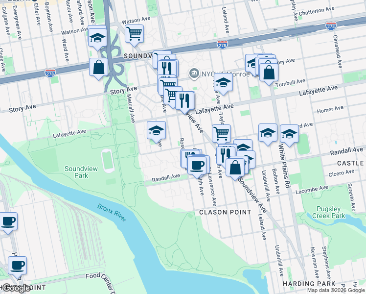map of restaurants, bars, coffee shops, grocery stores, and more near Rosedale Avenue & Seward Avenue in Bronx