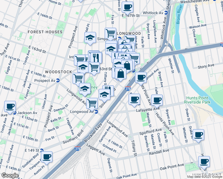 map of restaurants, bars, coffee shops, grocery stores, and more near 890 Tiffany Street in The Bronx
