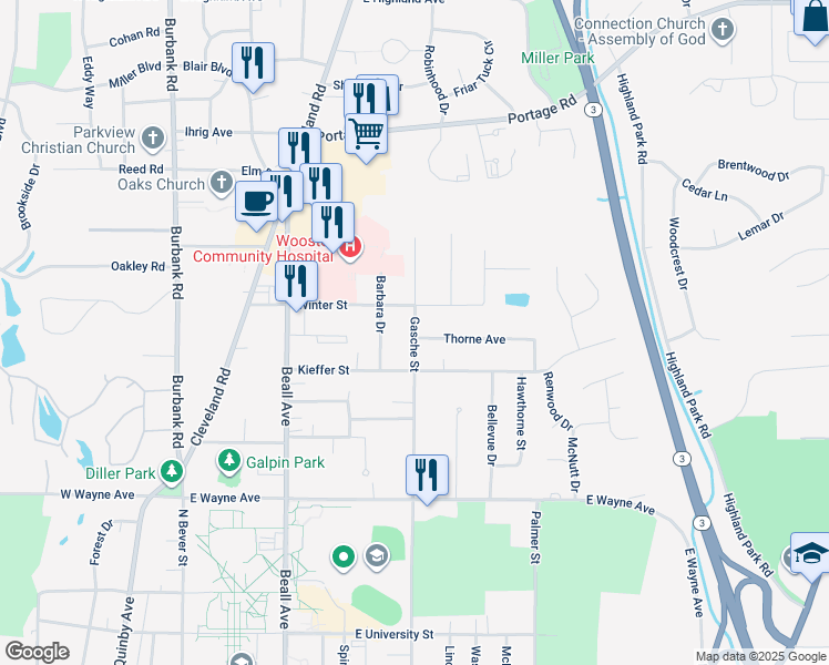 map of restaurants, bars, coffee shops, grocery stores, and more near 1782 Gasche Street in Wooster