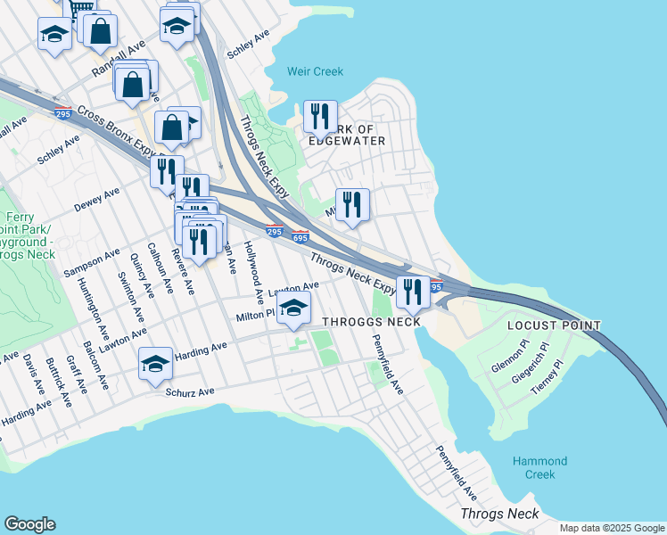 map of restaurants, bars, coffee shops, grocery stores, and more near 4110 Throgs Neck Expressway in The Bronx