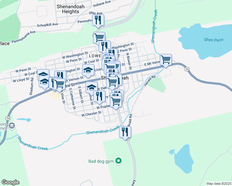 map of restaurants, bars, coffee shops, grocery stores, and more near 133 South Main Street in Shenandoah