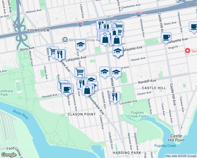 map of restaurants, bars, coffee shops, grocery stores, and more near 1872 Seward Avenue in Bronx