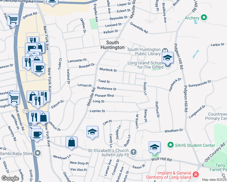 map of restaurants, bars, coffee shops, grocery stores, and more near 32 Teed Street in Huntington Station