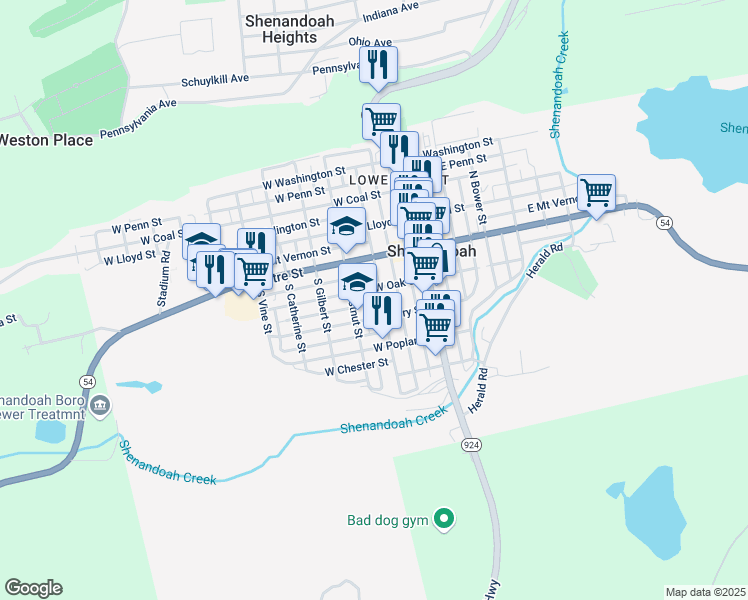 map of restaurants, bars, coffee shops, grocery stores, and more near 209 West Atlantic Street in Shenandoah