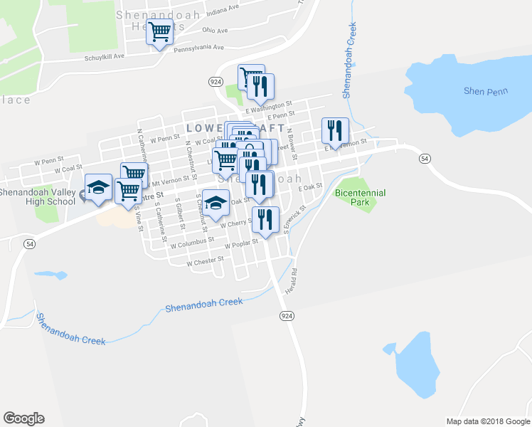 map of restaurants, bars, coffee shops, grocery stores, and more near 135 South Main Street in Shenandoah