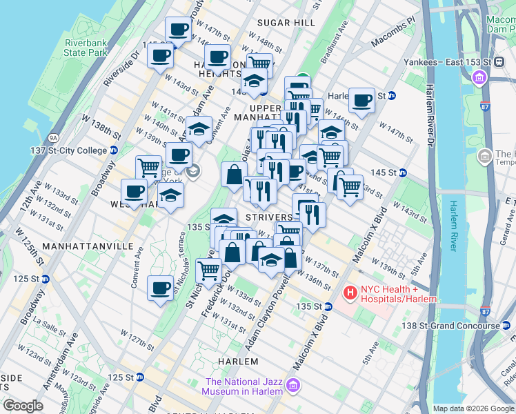 map of restaurants, bars, coffee shops, grocery stores, and more near 317 West 139th Street in New York