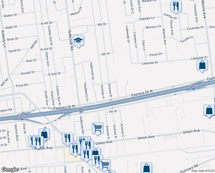 map of restaurants, bars, coffee shops, grocery stores, and more near 89 Avenue A in Holbrook