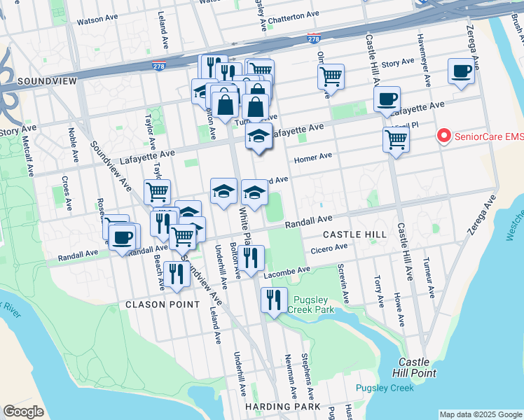 map of restaurants, bars, coffee shops, grocery stores, and more near 601 Stickball Boulevard in The Bronx