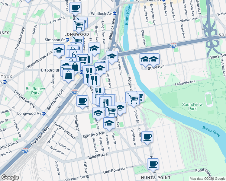 map of restaurants, bars, coffee shops, grocery stores, and more near 887 Bryant Avenue in The Bronx