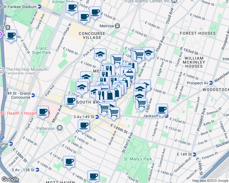 map of restaurants, bars, coffee shops, grocery stores, and more near 413 East 154th Street in Bronx