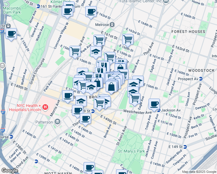 map of restaurants, bars, coffee shops, grocery stores, and more near 413 East 154th Street in Bronx