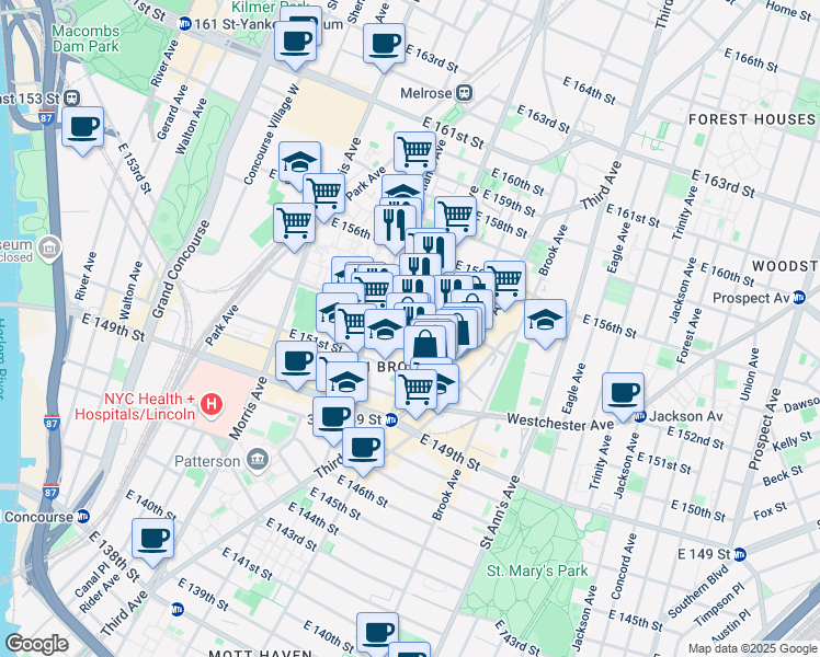 map of restaurants, bars, coffee shops, grocery stores, and more near 378 East 154th Street in Bronx