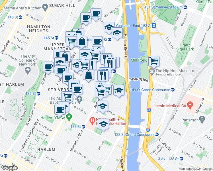 map of restaurants, bars, coffee shops, grocery stores, and more near 105 West 143rd Street in New York