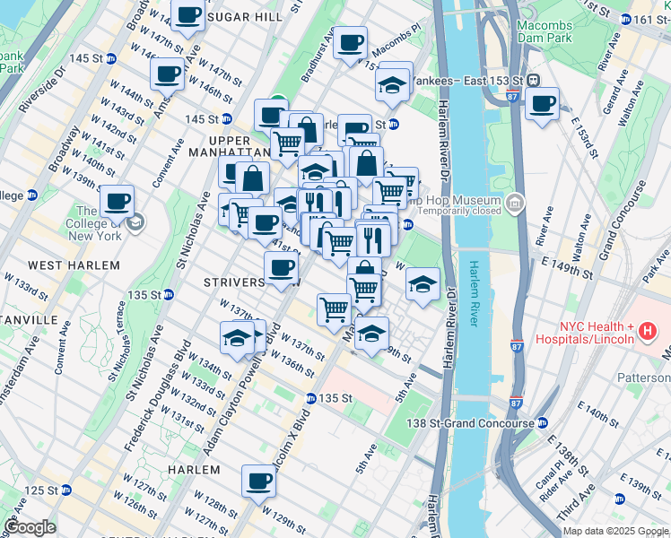 map of restaurants, bars, coffee shops, grocery stores, and more near 153 West 142nd Street in New York