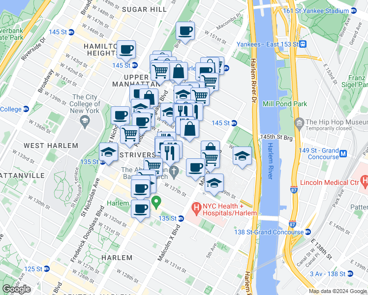 map of restaurants, bars, coffee shops, grocery stores, and more near 2430 Adam Clayton Powell Junior Boulevard in New York