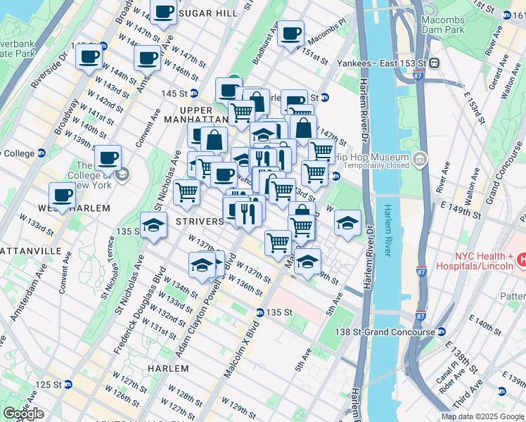 map of restaurants, bars, coffee shops, grocery stores, and more near 2430 Adam Clayton Powell Junior Boulevard in New York