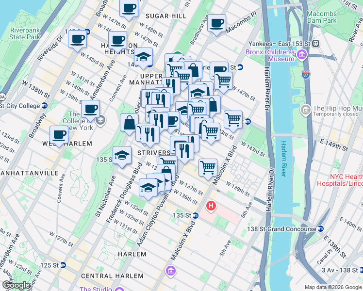 map of restaurants, bars, coffee shops, grocery stores, and more near 220 West 141st Street in New York