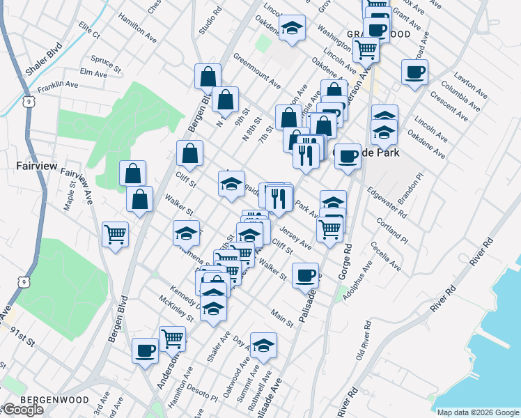 map of restaurants, bars, coffee shops, grocery stores, and more near 396 Morningside Avenue in Fairview
