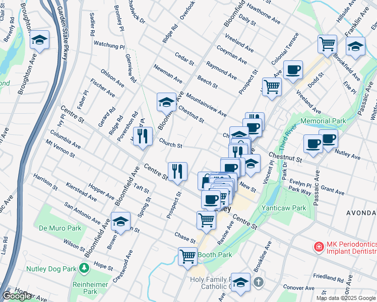 map of restaurants, bars, coffee shops, grocery stores, and more near 15 Carteret Place in Nutley