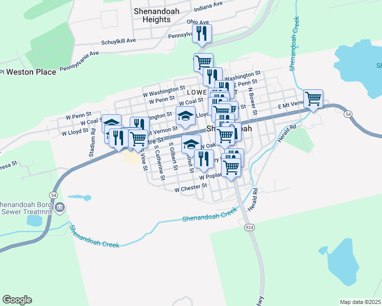 map of restaurants, bars, coffee shops, grocery stores, and more near 16 South Chestnut Street in Shenandoah