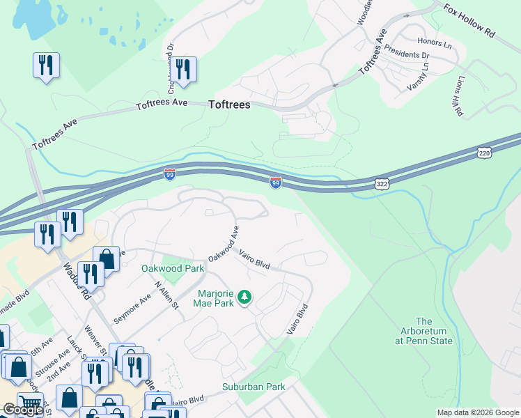 map of restaurants, bars, coffee shops, grocery stores, and more near 642 Oakwood Avenue in State College