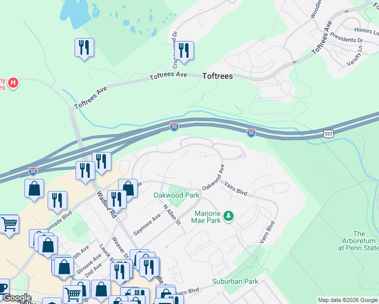 map of restaurants, bars, coffee shops, grocery stores, and more near 688 Oakwood Avenue in State College