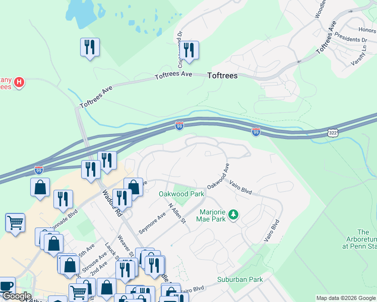 map of restaurants, bars, coffee shops, grocery stores, and more near 688 Oakwood Avenue in State College