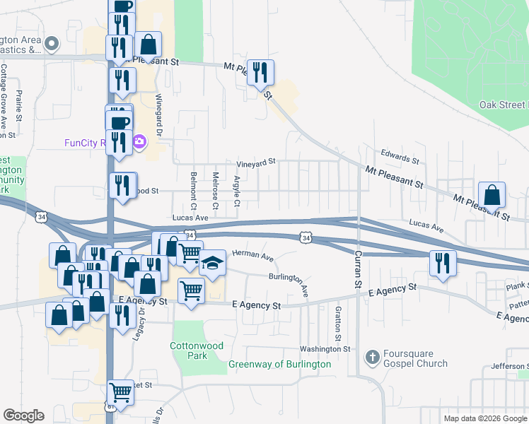 map of restaurants, bars, coffee shops, grocery stores, and more near 817 Kenilworth Court in Burlington