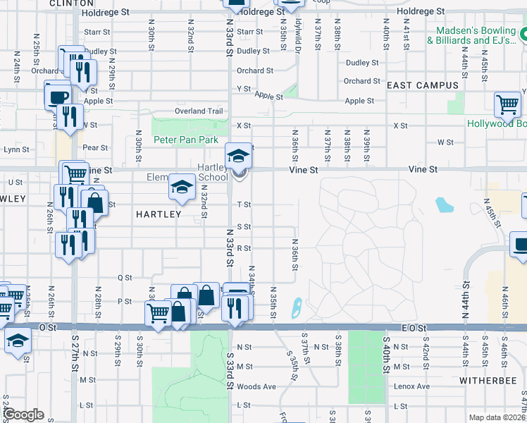 map of restaurants, bars, coffee shops, grocery stores, and more near 3444 T Street in Lincoln