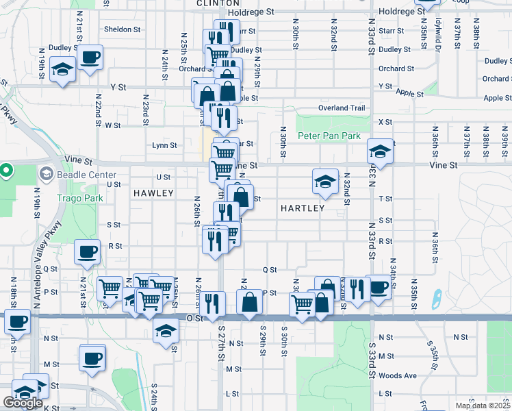 map of restaurants, bars, coffee shops, grocery stores, and more near 2920 T Street in Lincoln