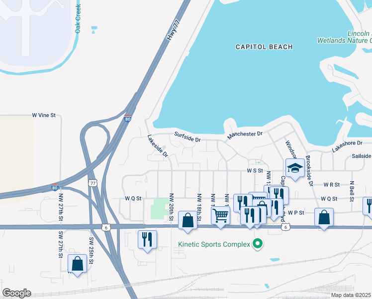 map of restaurants, bars, coffee shops, grocery stores, and more near 1901 Surfside Drive in Lincoln
