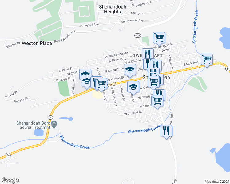 map of restaurants, bars, coffee shops, grocery stores, and more near 435 West Oak Street in Shenandoah