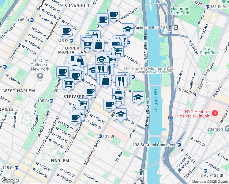 map of restaurants, bars, coffee shops, grocery stores, and more near 130 West 142nd Street in New York