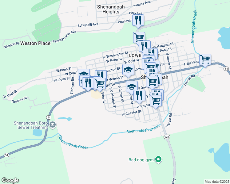 map of restaurants, bars, coffee shops, grocery stores, and more near 425 West Oak Street in Shenandoah