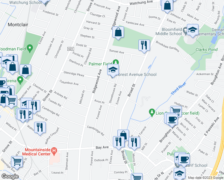 map of restaurants, bars, coffee shops, grocery stores, and more near 124 Stonehouse Road in Glen Ridge